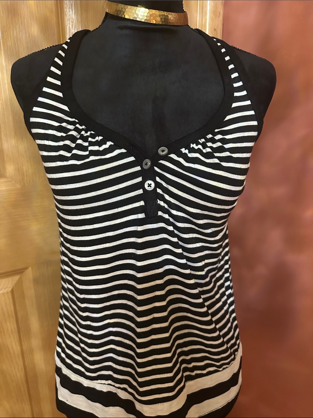 Poof! Black and White Striped Henley Racerback Tank